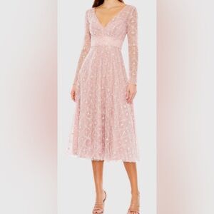 Mac Duggal Pink Embellished Illusion Long Sleeve Dress